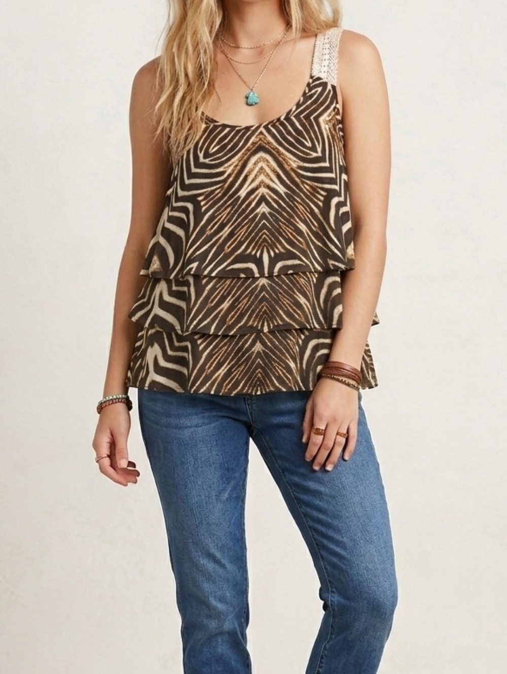 Madison Tiered Animal Print Tank with Crochet Lace Straps - Size M